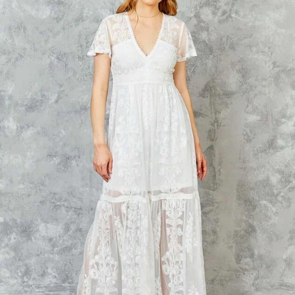 Altar'd State White Tiered Maxi Dress with Flutter Sleeves